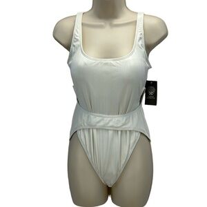 Vince Camuto Stripe Textured High Leg One Piece Tank Swimsuit - Ivory - size 14